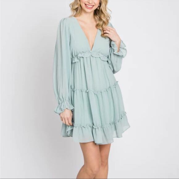 NWT She + Sky Mint Green Chiffon Ruffle Tiered Open Back Maternity Dress - Picture 1 of 9